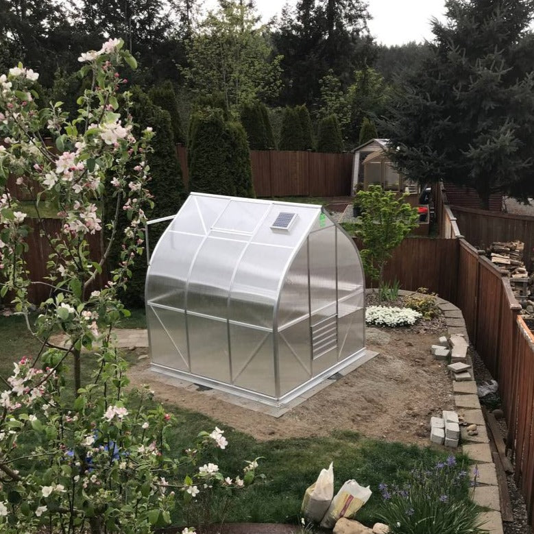 Small greenhouse in a garden setting with trees and flowers around