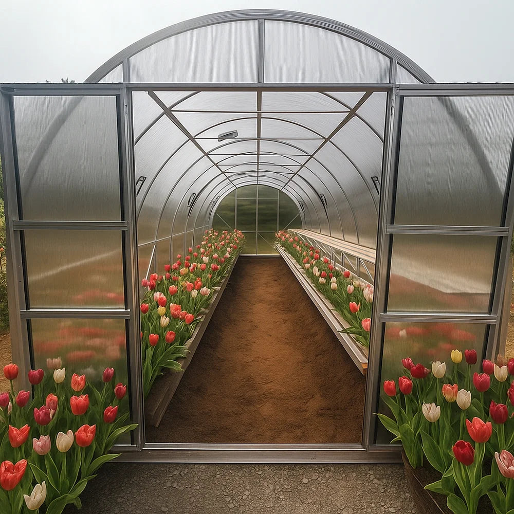 Greenhouse with rows of tulips on either side