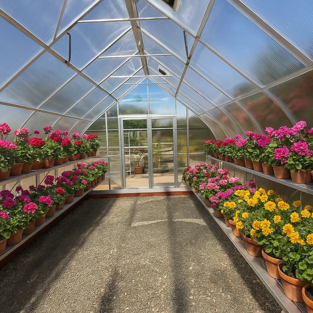 Greenhouse with rows of potted flowers under a clear blue sky.