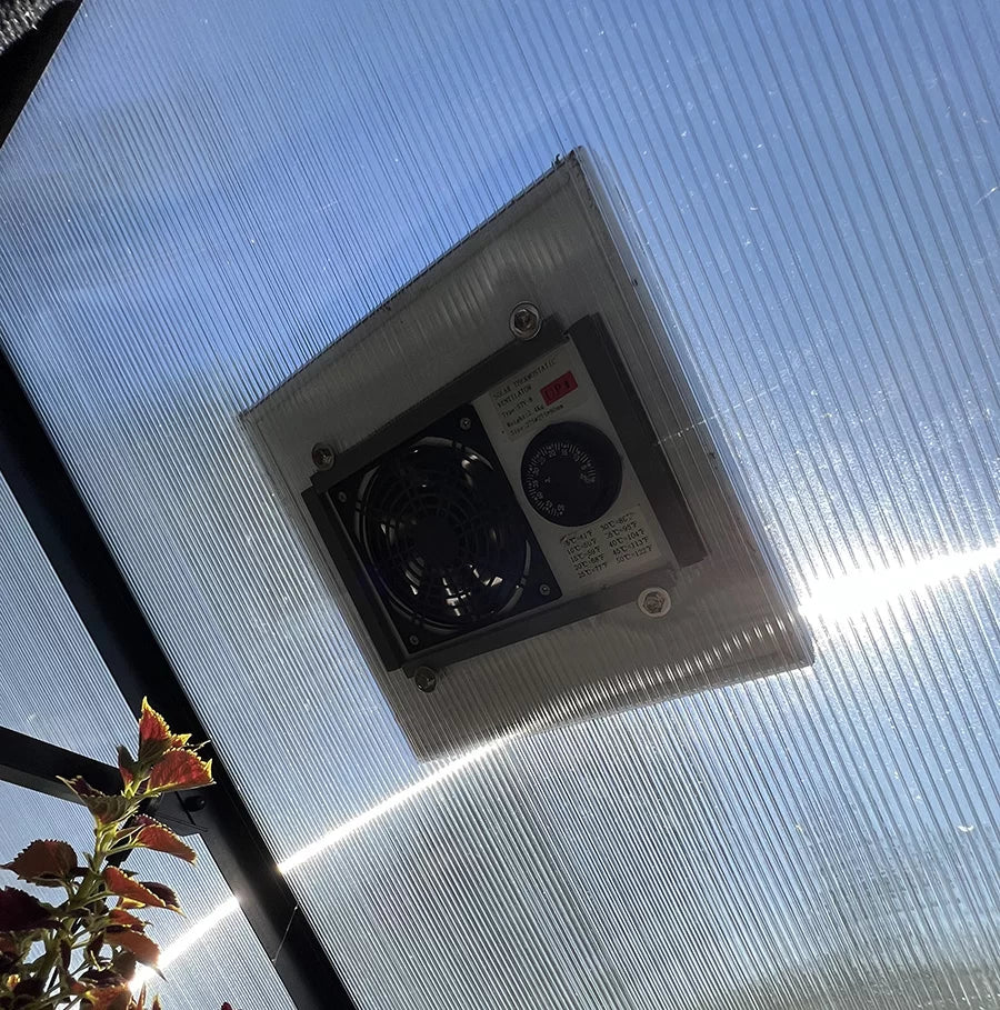 ClimaPod greenhouse solar-powered ventilation fan inside view