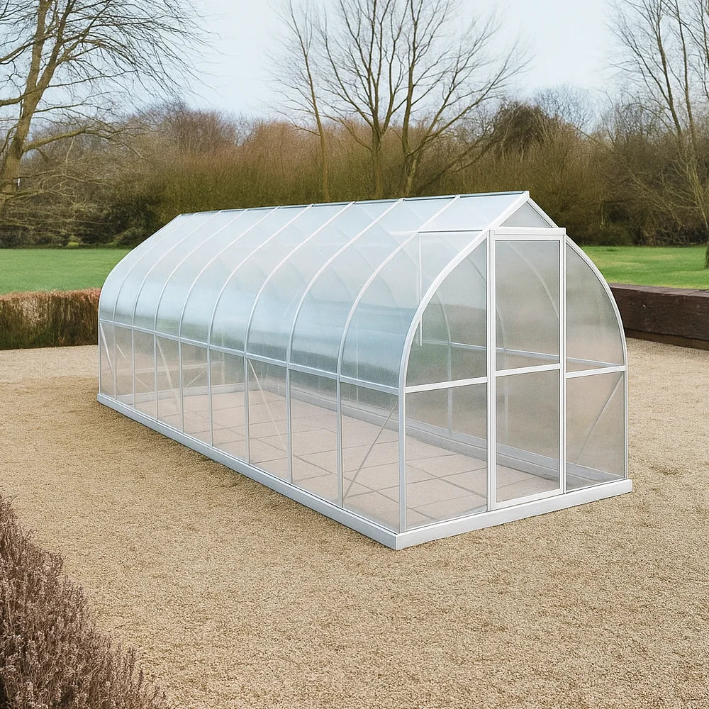 Spirit 7x21 greenhouse on backyard gravel