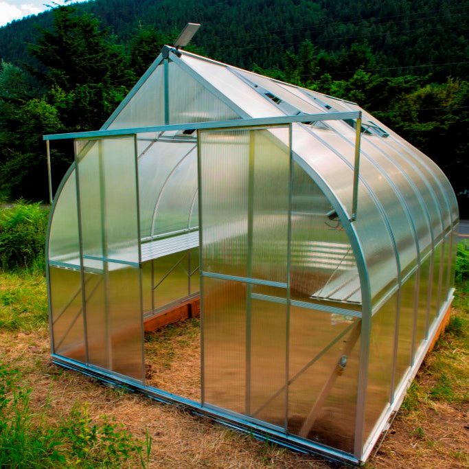 ClimaPod Virtue 9x14 Greenhouse sliding doors opened