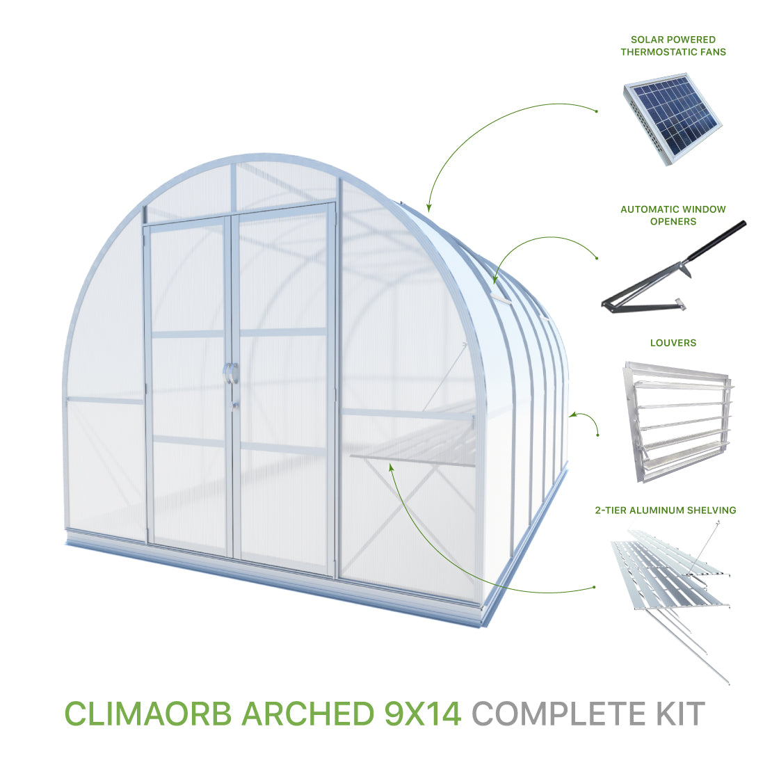 ClimaOrb Arched 9x14 Complete kit with aumatic window openers, solar-powered fan, 2-tier shelving and louvers