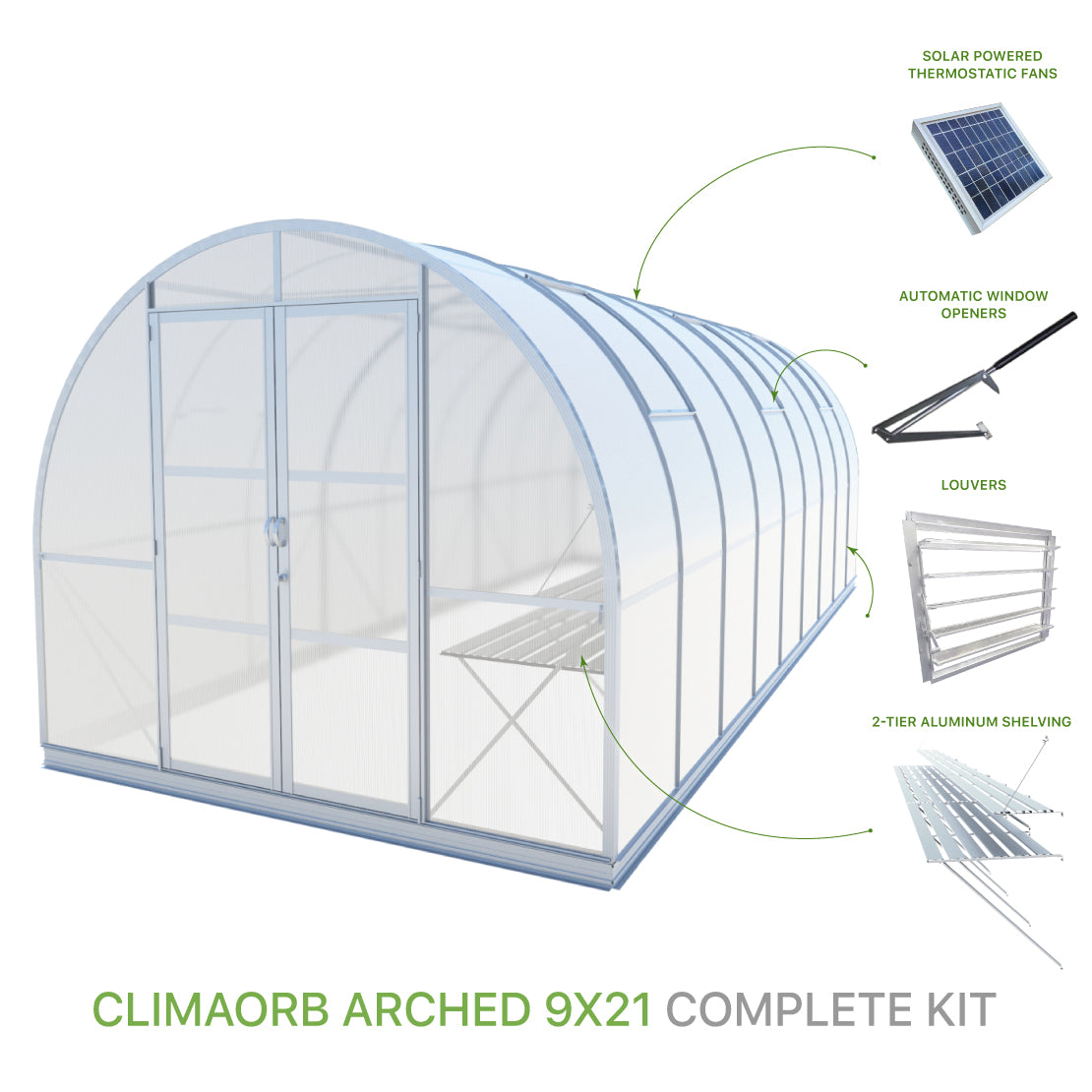 ClimaOrb Arched 9x21 Greenhouse Complete Kit with solar powered fans, 2-tier shelving, automatic window openers and louver for sale