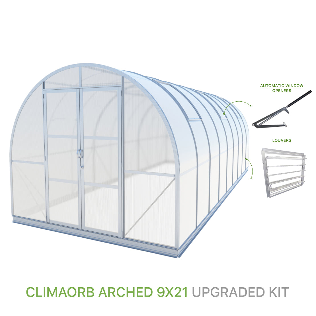 ClimaOrb Arched 9x21 Greenhouse Upgraded Kit with automatic window openers and louver for sale
