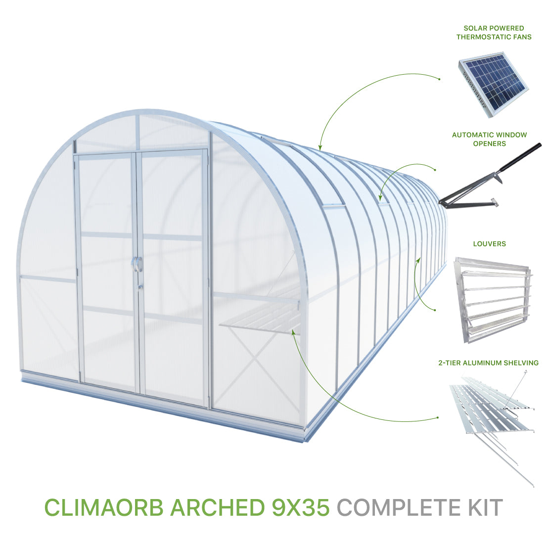 ClimaOrb Arched 9x35 Greenhouse Complete Kit with solar powered fans, 2-tier shelving, automatic window openers and louver for sale