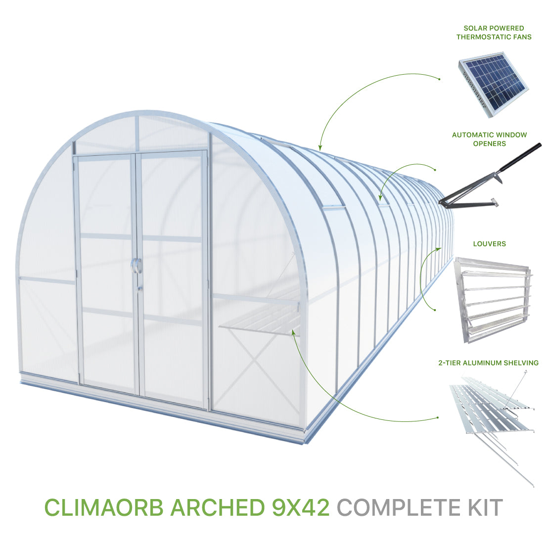 ClimaOrb Arched 9x42 Greenhouse Complete Kit with solar powered fans, 2-tier shelving, automatic window openers and louver for sale
