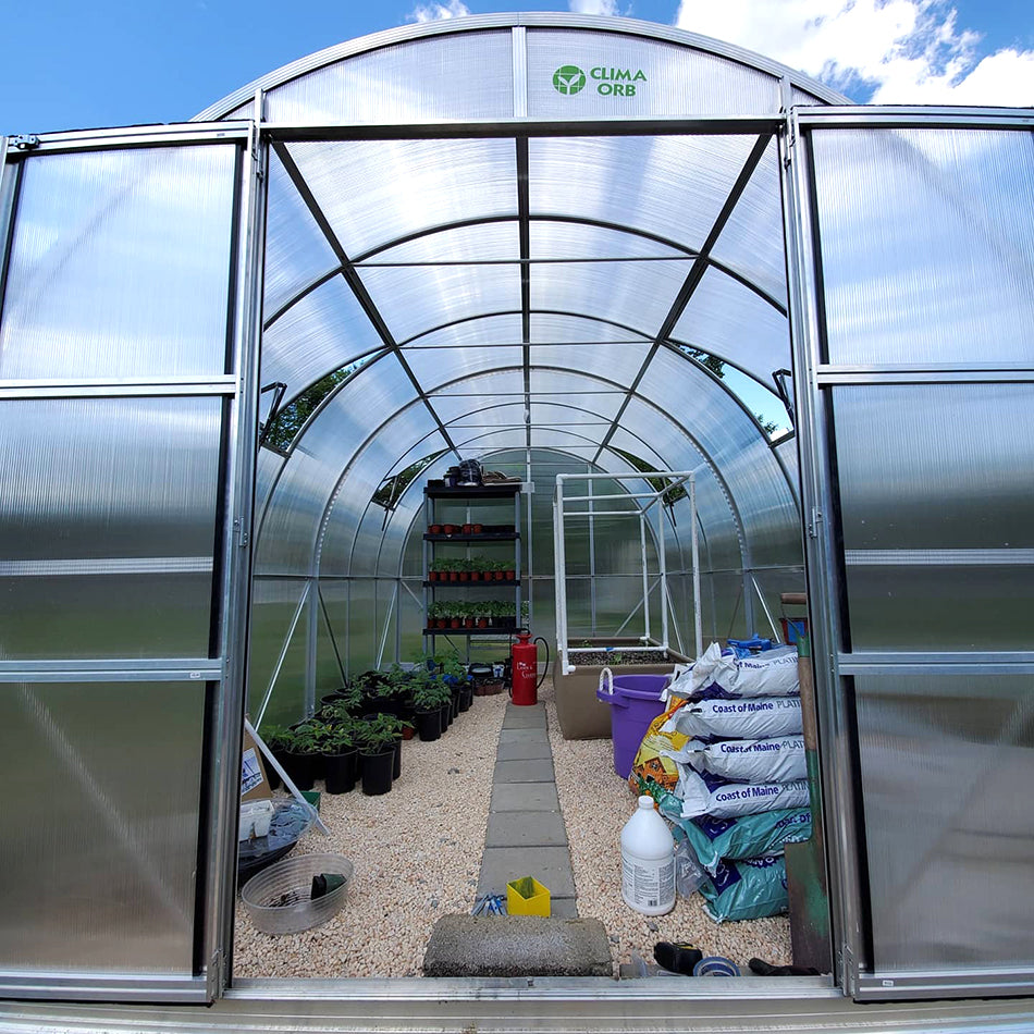 ClimaOrb Arched 9x21 Greenhouse with hinged doors opened
