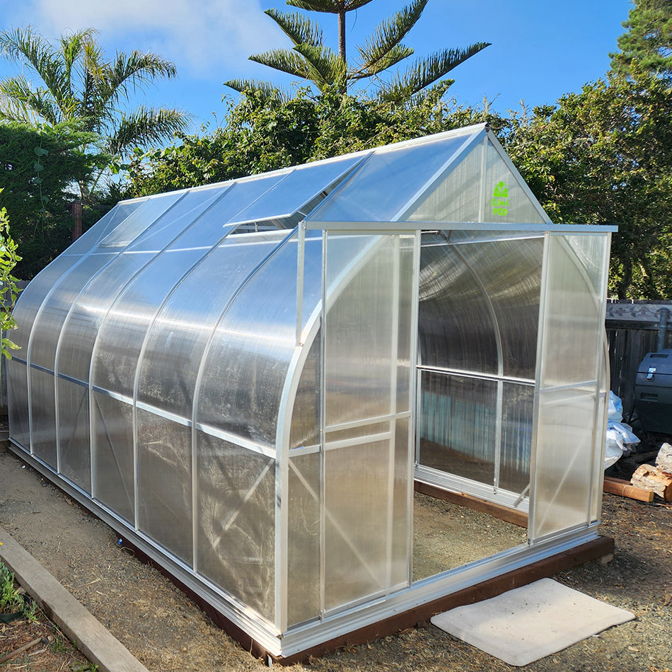 ClimaPod Passion 9x14 greenhouse sliding doors opened