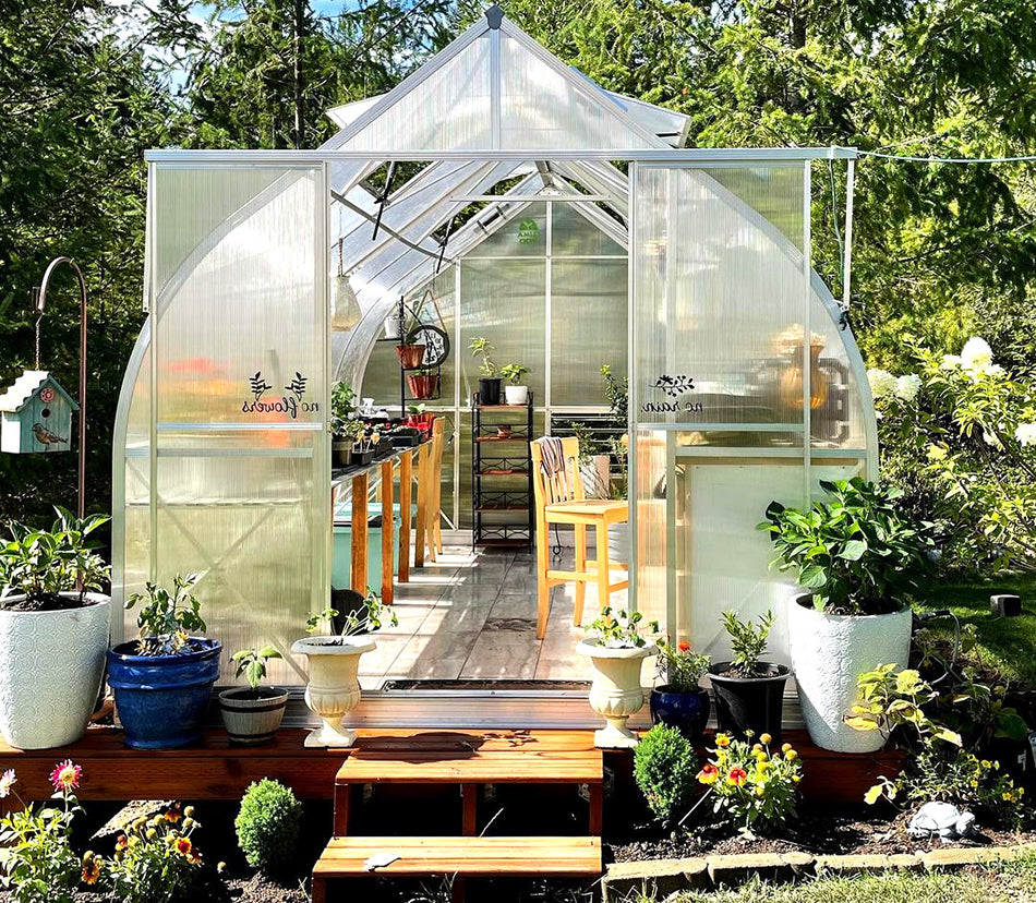 ClimaPod Virtue 9x14 Greenhouse aluminum frame, sliding doors and 6mm polycarbonate front view