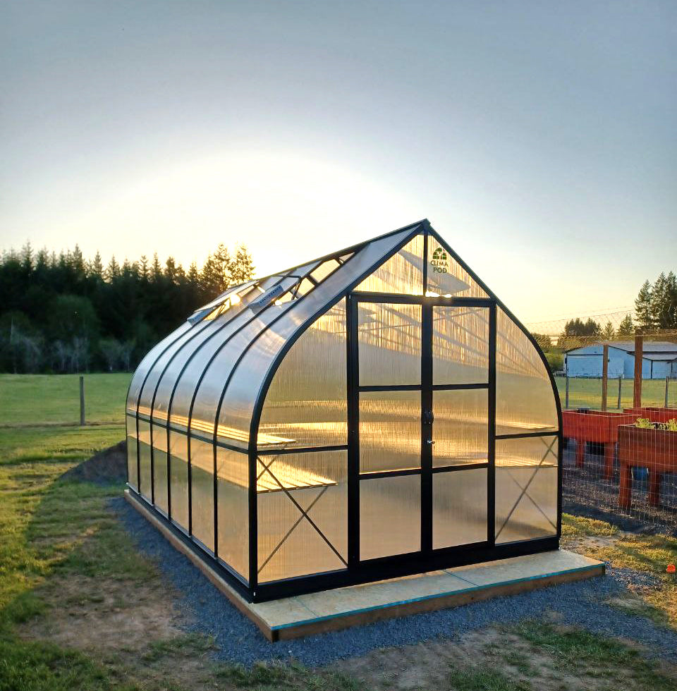 ClimaPod Virtue Black 9x14 Greenhouse with Hinged Doors and Double-Tier Shelves on Both Sides
