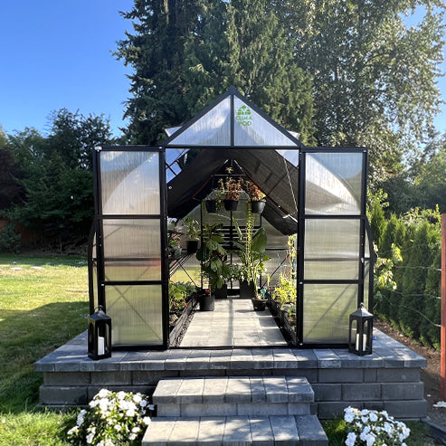 ClimaPod Virtue Black 9x14 Greenhouse opened hinged doors
