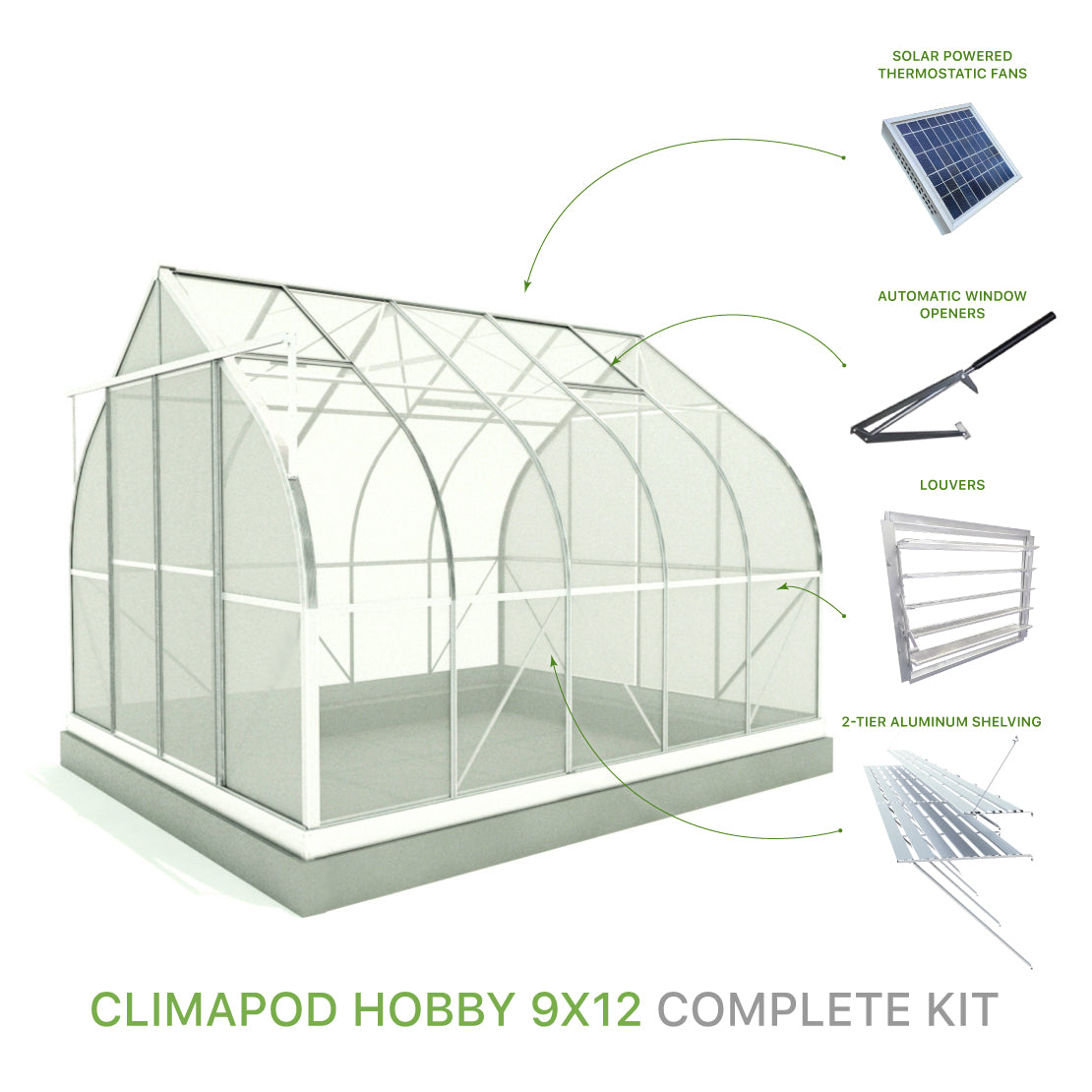 ClimaPod Hobby 9x12 greenhouse Complete Kit for sale with solar-powered fans, automatic window openers, 2-tier aluminum shelving and louvers