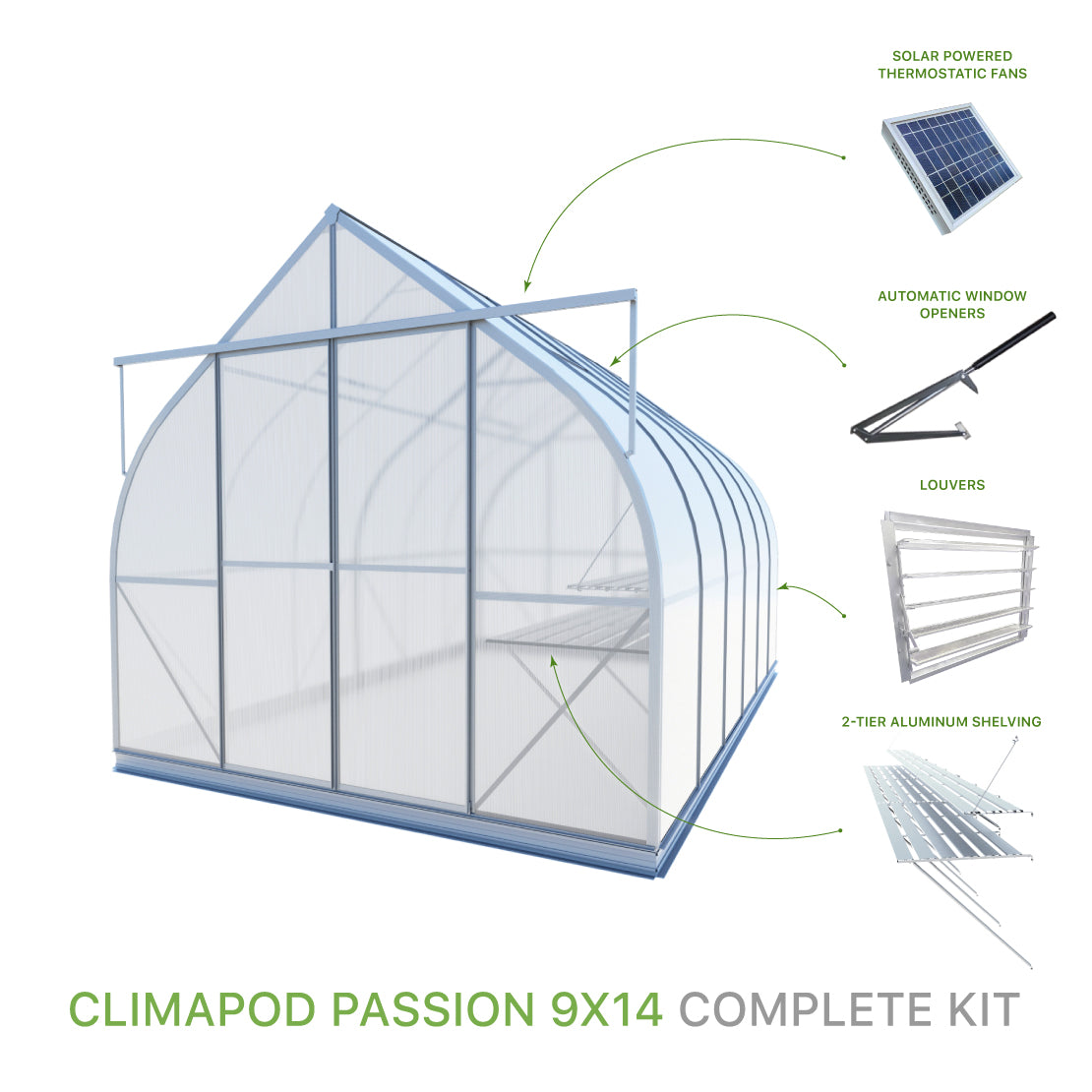 ClimaPod Passion 9x14 Greenhouse Complete Kit with solar powered fans, 2-tier shelving, automatic window openers and louver for sale