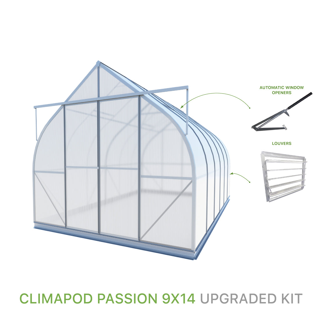 ClimaPod Passion 9x14 Greenhouse Upgraded Kit with automatic window openers and louver for sale