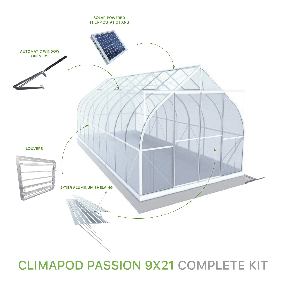 ClimaPod Passion 9x21 Greenhouse Complete Kit with solar powered fans, 2-tier shelving, automatic window openers and louver for sale