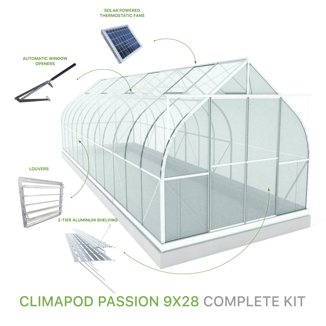 ClimaPod Passion 9x28 Greenhouse Complete Kit with solar powered fans, 2-tier shelving, automatic window openers and louver for sale