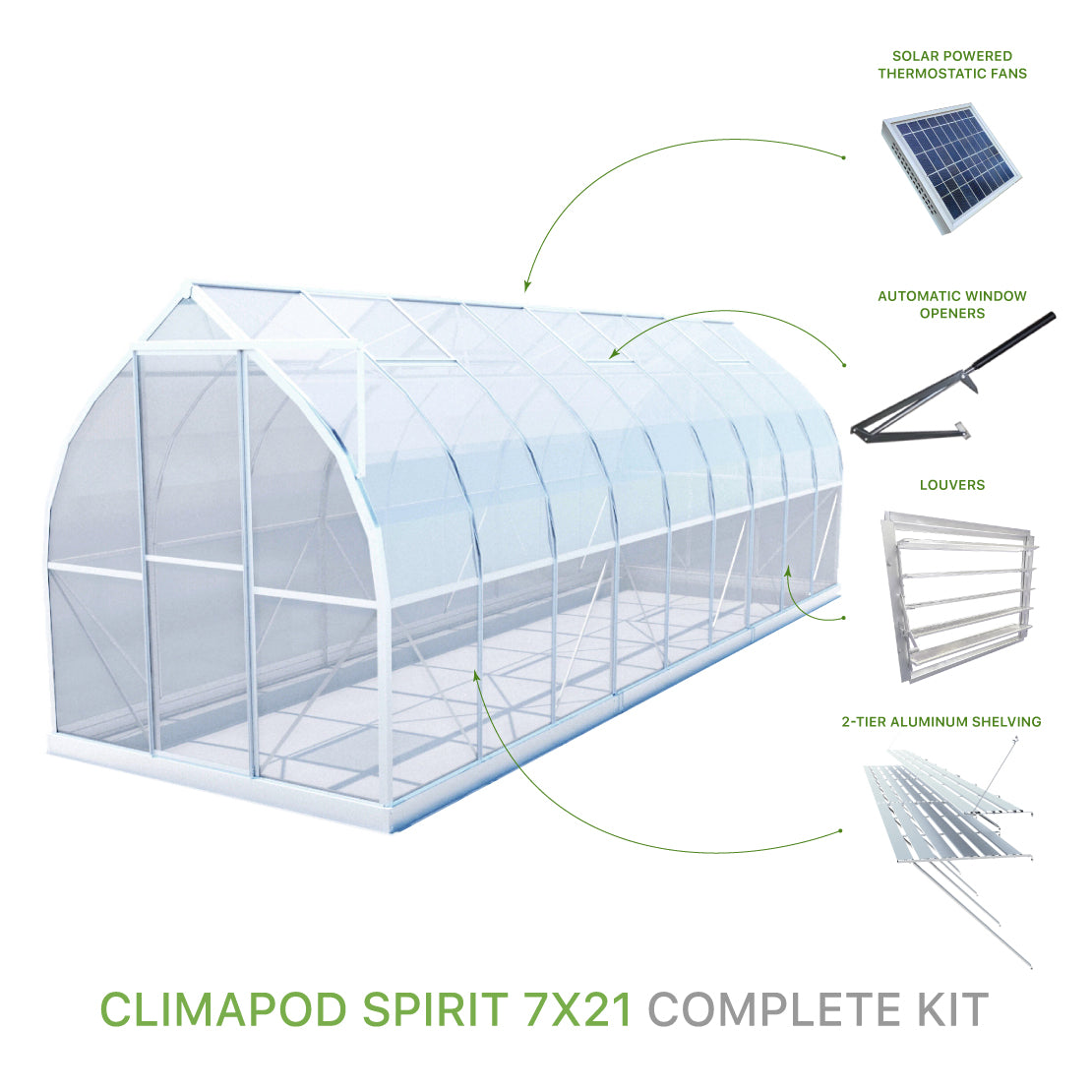 ClimaPod Spirit 7x21 Sliding door Greenhouse Complete Kit with solar powered fans, 2-tier shelving, automatic window openers and louver for sale