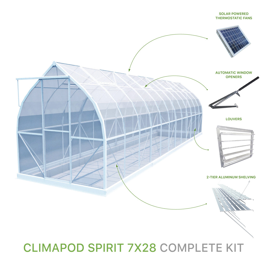 ClimaPod Spirit 7x28 Sliding door Greenhouse Complete Kit with solar powered fans, 2-tier shelving, automatic window openers and louver for sale