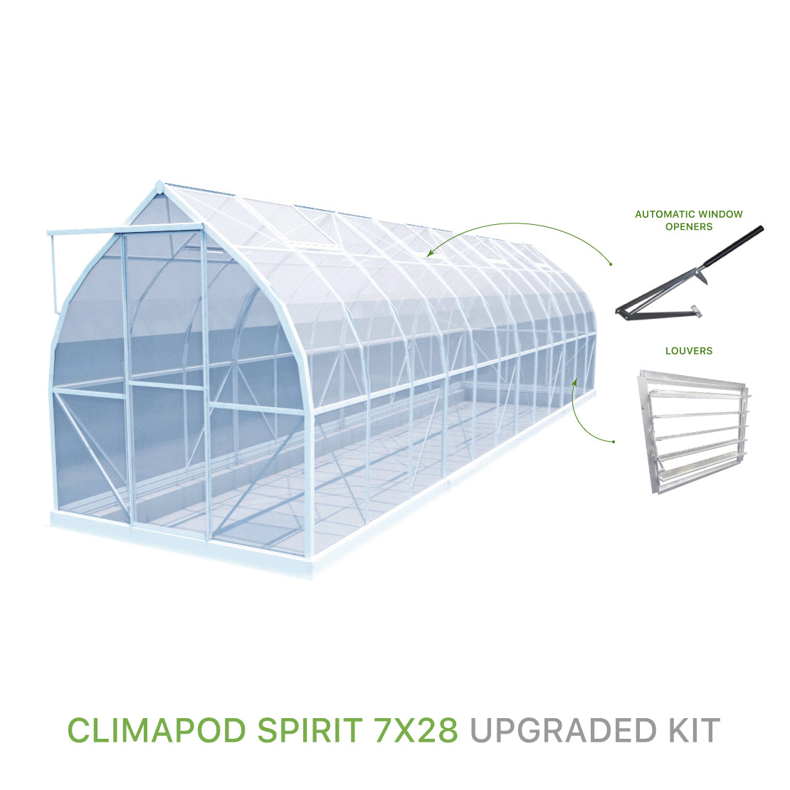 ClimaPod Spirit 7x28 Sliding door Greenhouse Upgraded Kit with automatic window openers and louver for sale
