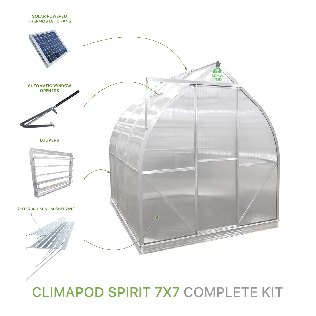 ClimaPod Spirit 7x7 Greenhouse Complete Kit with solar powered fans, 2-tier shelving, automatic window openers and louver for sale