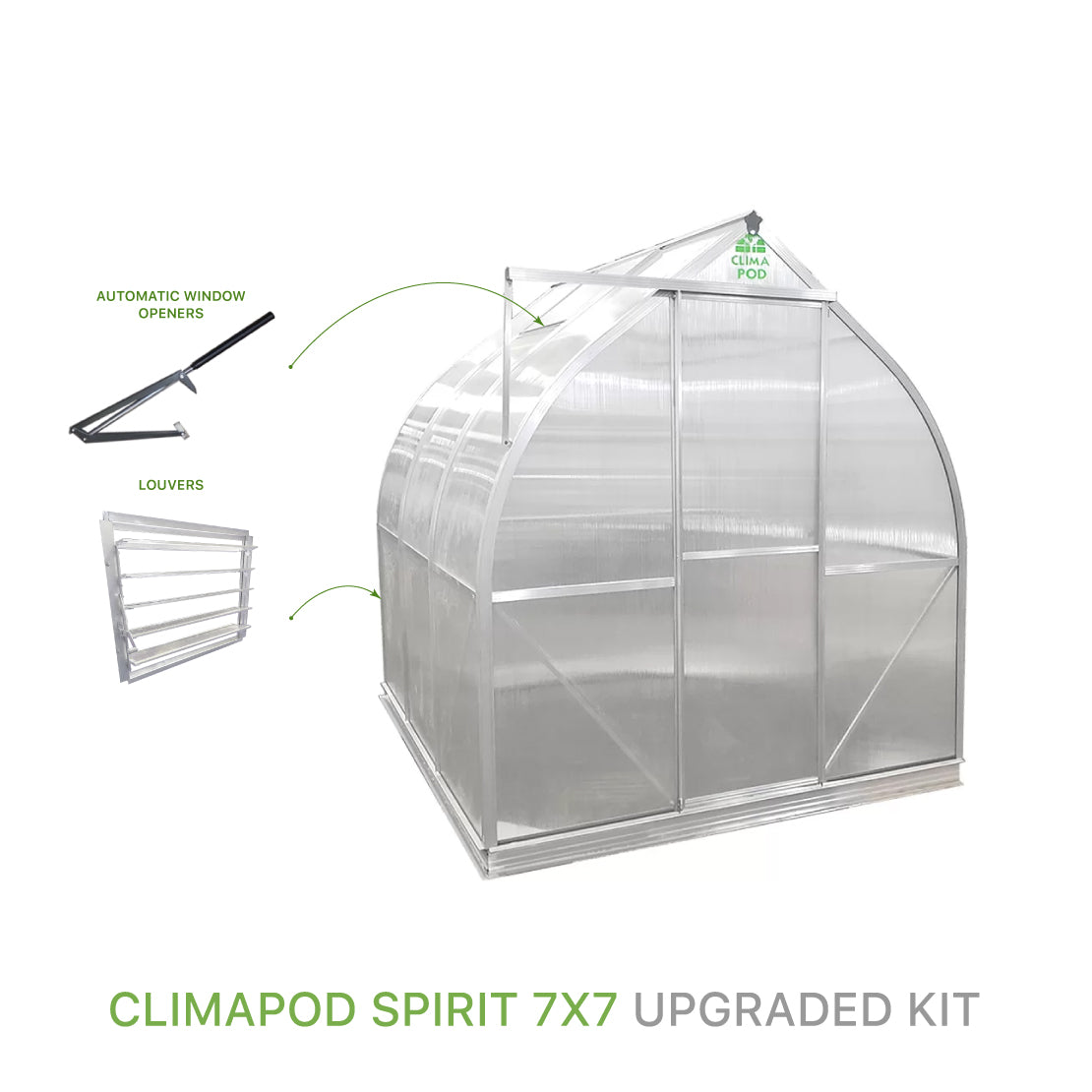 ClimaPod Spirit 7x7 Greenhouse Upgraded Kit with automatic window openers and louver for sale