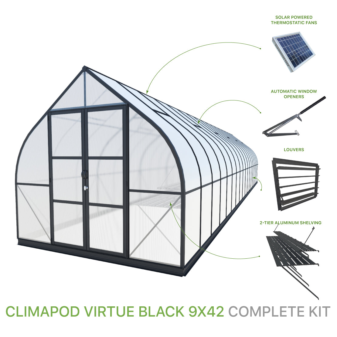 ClimaPod Virtue 9x42 Black Hinged Doors Greenhouse Complete Kit with solar powered fans, 2-tier shelving, automatic window openers and louver for sale