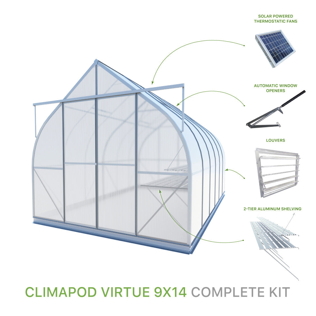 ClimaPod Virtue 9x14 Sliding Doors Greenhouse Complete Kit with solar powered fans, 2-tier shelving, automatic window openers and louver for sale