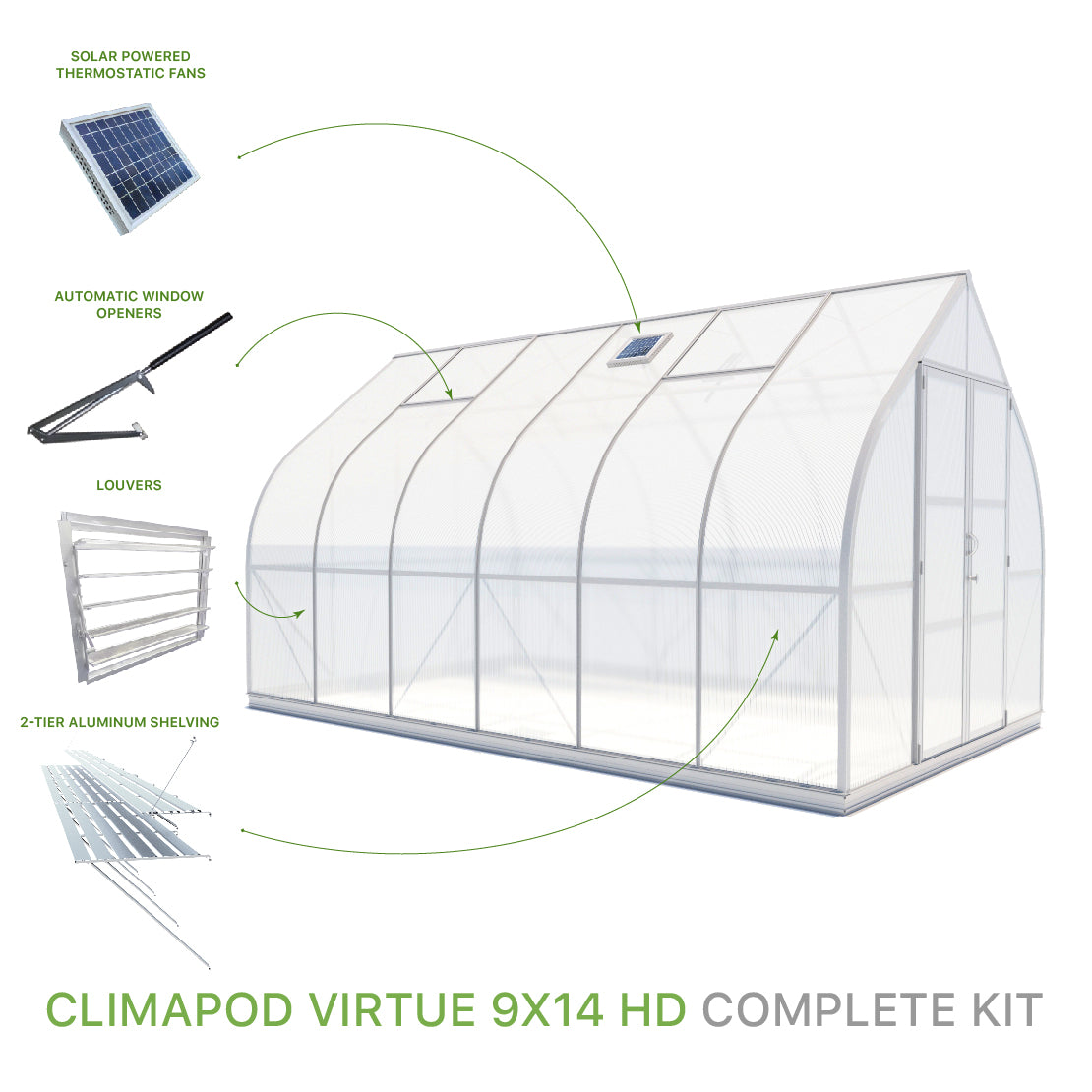 ClimaPod Virtue 9x14 Hinged Doors Greenhouse Complete Kit with solar powered fans, 2-tier shelving, automatic window openers and louver for sale