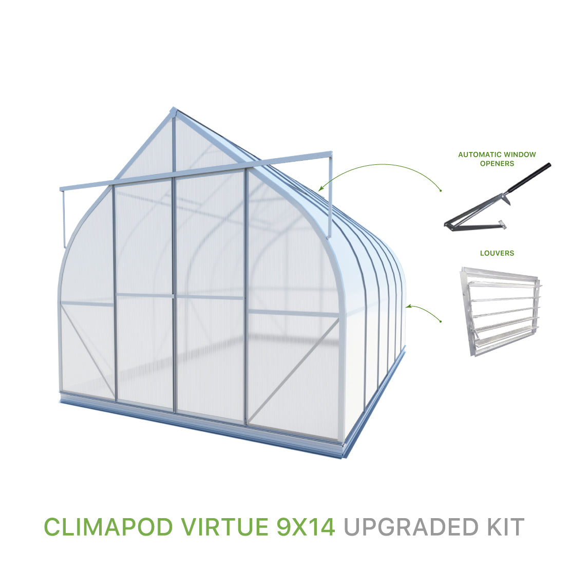 ClimaPod Virtue 9x14 Sliding Doors Greenhouse Upgraded Kit with automatic window openers and louver for sale