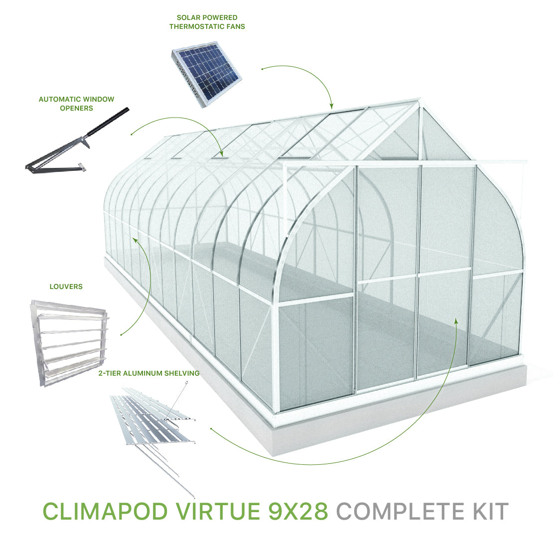 ClimaPod Virtue 9x28 Sliding Doors Greenhouse Complete Kit with solar powered fans, 2-tier shelving, automatic window openers and louver for sale