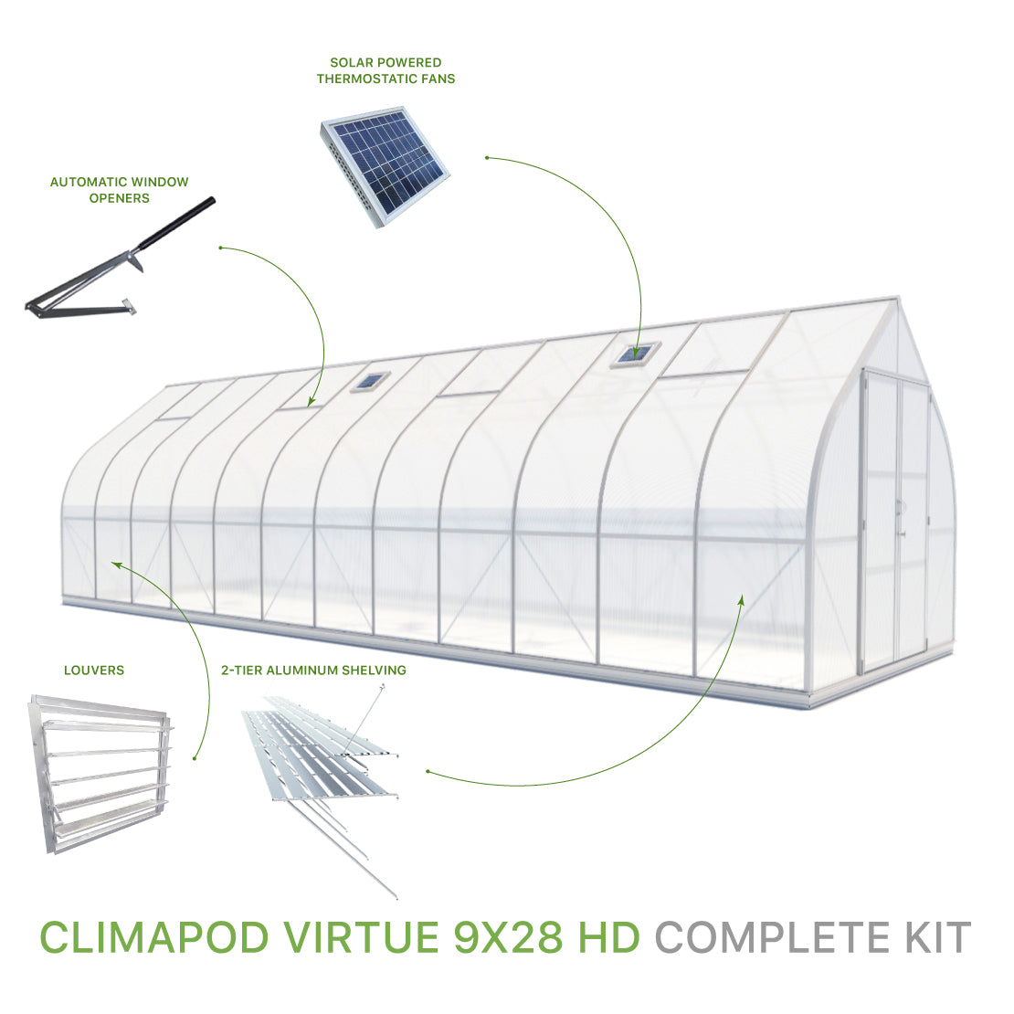 ClimaPod Virtue 9x28 Hinged Doors Greenhouse Complete Kit with solar powered fans, 2-tier shelving, automatic window openers and louver for sale