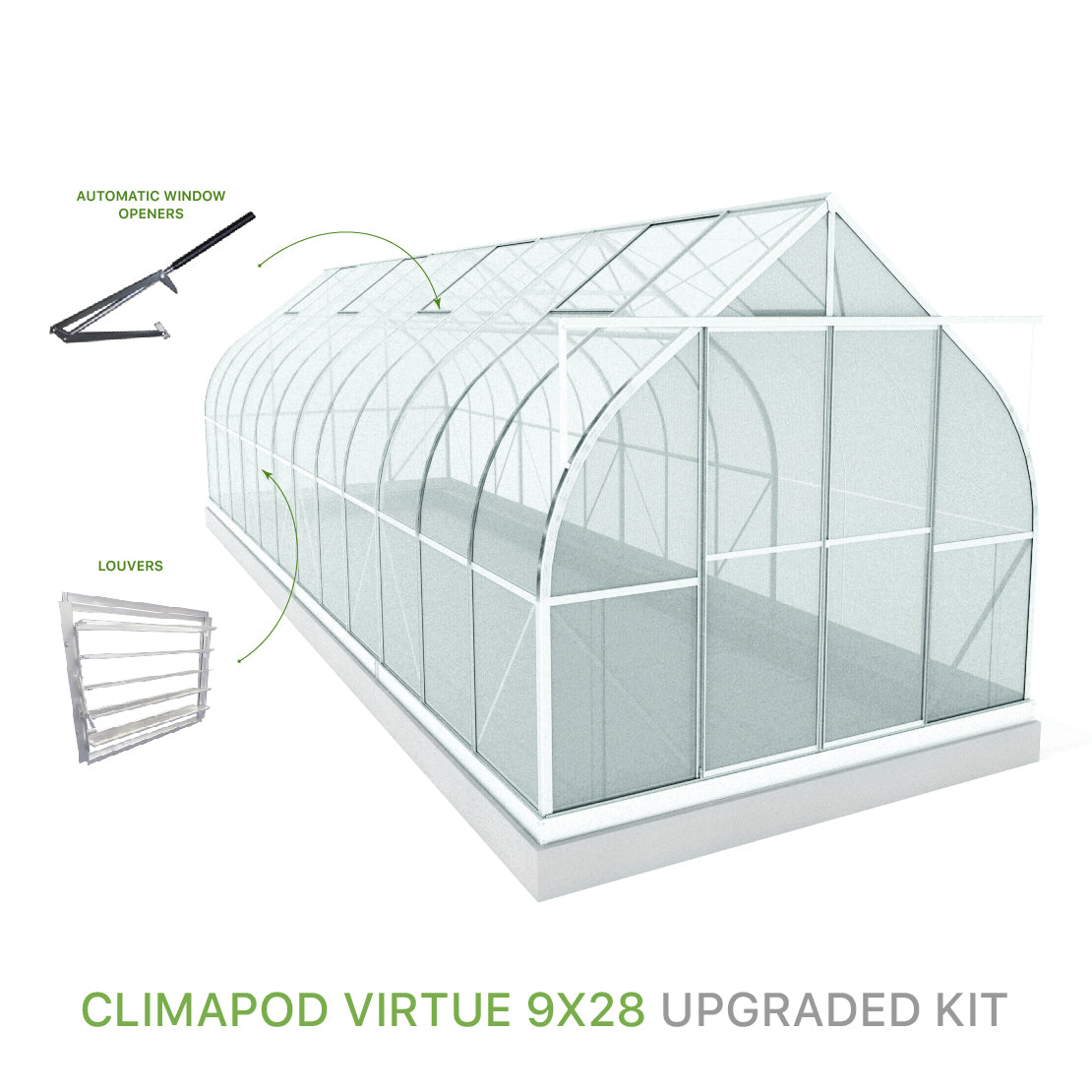 ClimaPod Virtue 9x28 Sliding Doors Greenhouse Upgraded Kit with automatic window openers and louver for sale