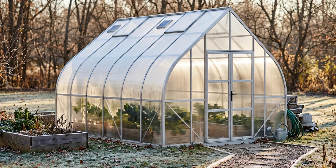 Backyard greenhouse on a frosty autumn morning with winter greens growing inside raised beds