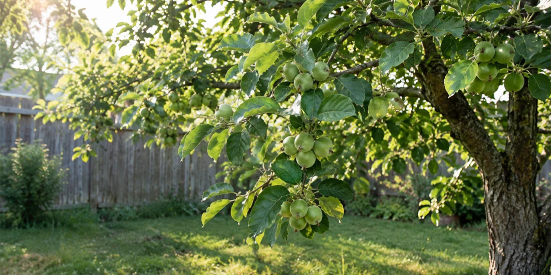 Apple tree in a backyard orchard in early summer with clusters of small green fruitlets on the branches