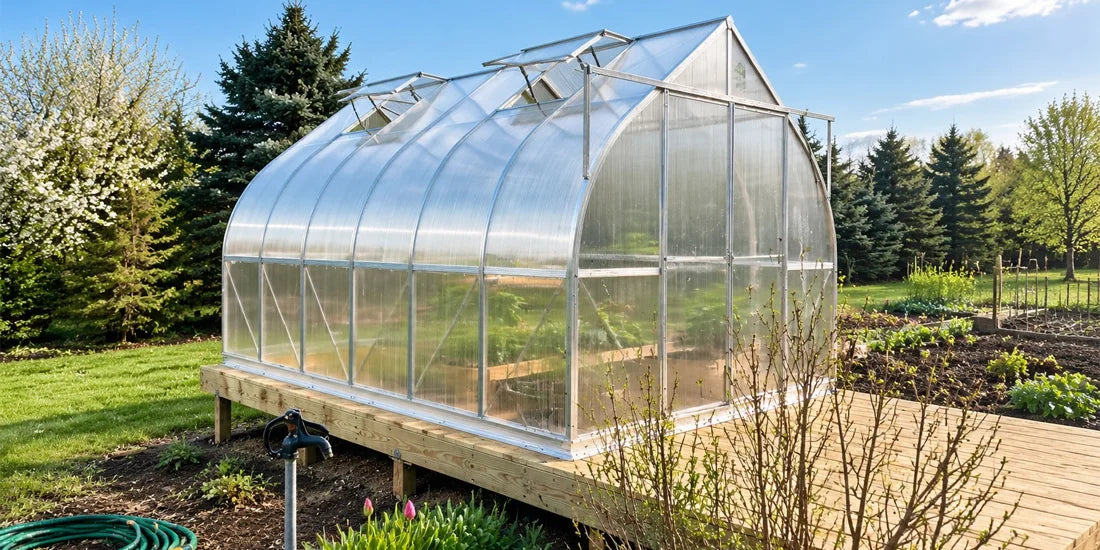 Backyard greenhouse with open roof vents on a sunny spring morning