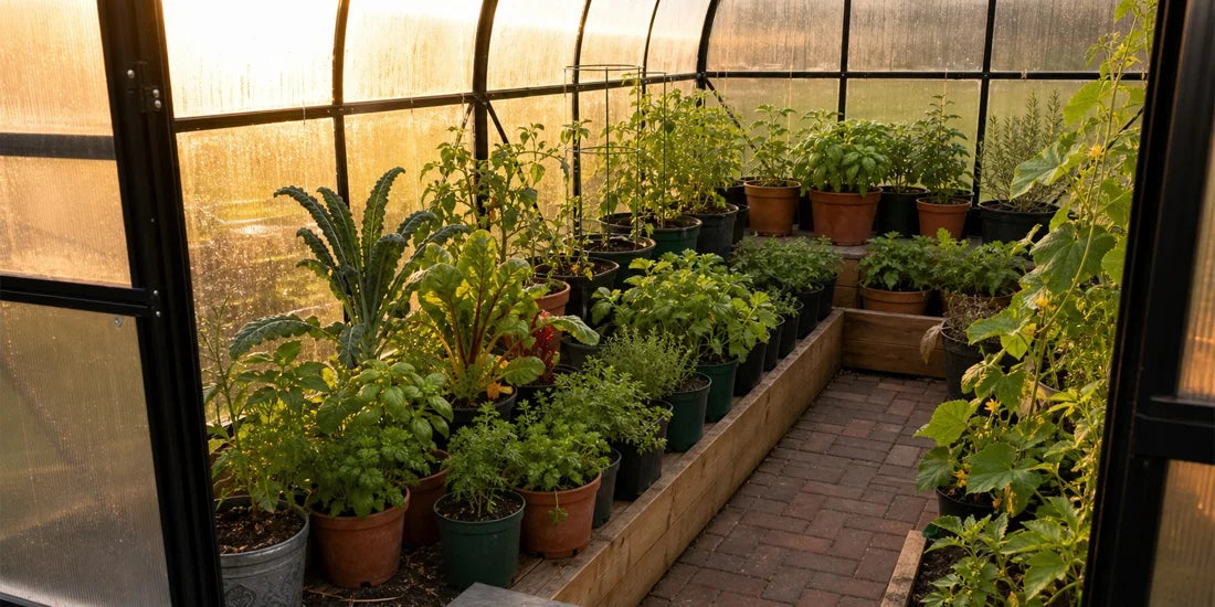 ClimaPod Virtue Black greenhouse interior with flower pots