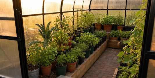 ClimaPod Virtue Black greenhouse interior with flower pots