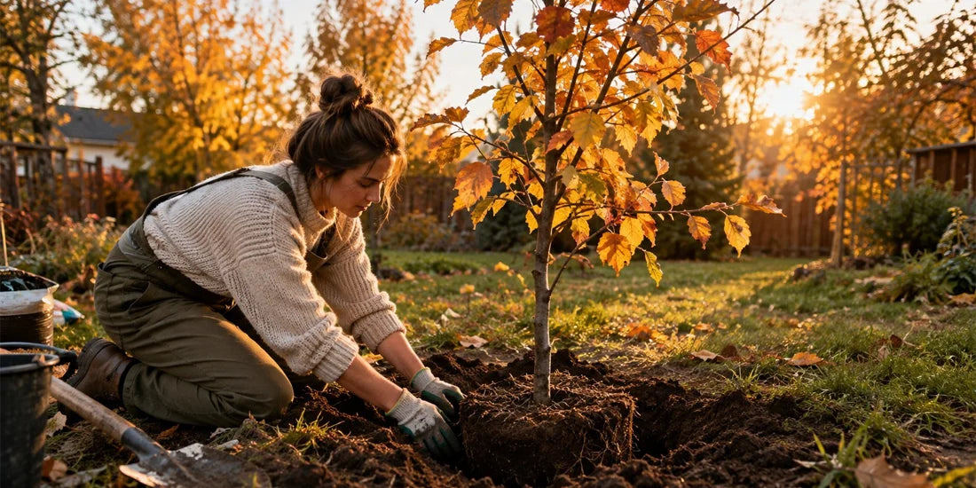 Gardener planting a young tree in a backyard during autumn