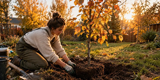 Gardener planting a young tree in a backyard during autumn