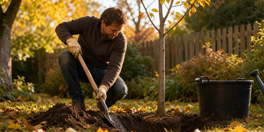 Gardener planting a young tree in a backyard during autumn, surrounded by fallen leaves
