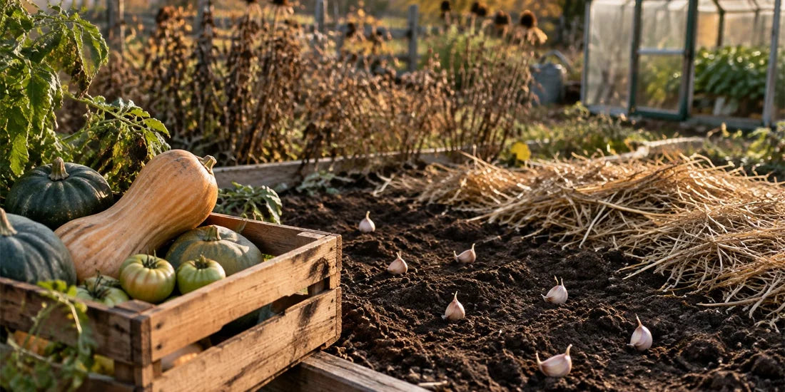 Backyard fall garden in October with harvested vegetables and beds prepared for winter