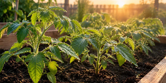 Tomato seedlings in a garden bed at dawn with dew on the leaves after a warm summer night