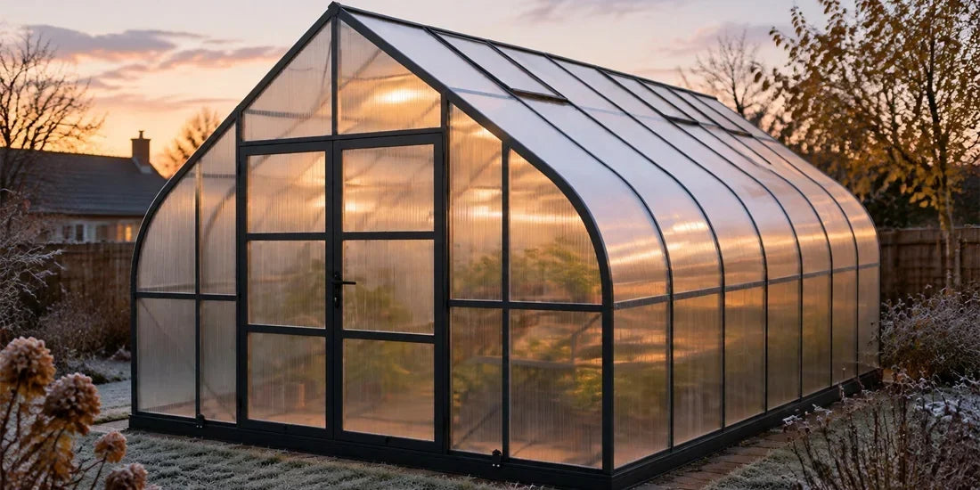 backyard double-wall polycarbonate greenhouse in late autumn ClimaPod Titan 12x28 Black series