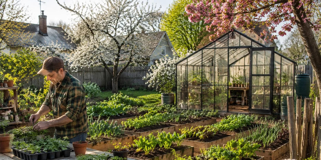 backyard garden in May with spring vegetables greenhouse in the background gardener preparing seedlings flowering trees