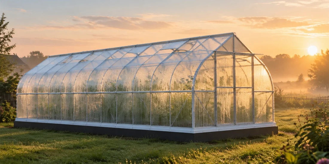 backyard polycarbonate greenhouse at dawn, heavy condensation beading on the inside of the panels