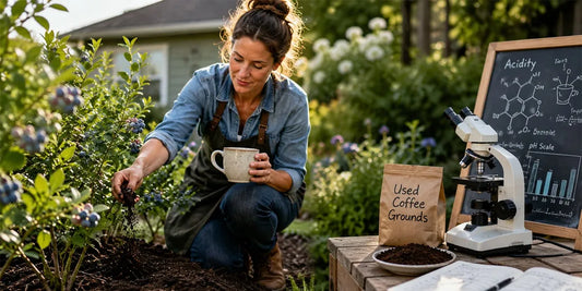 gardener sprinkling used coffee grounds