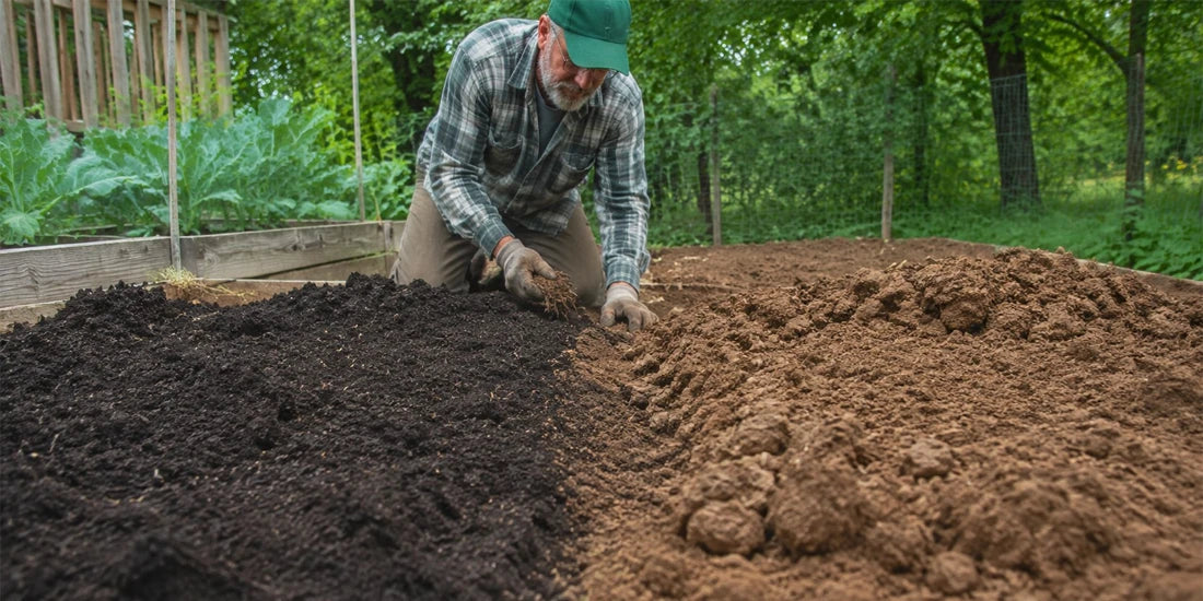 gardener working rich clay soil in a backyard vegetable garden