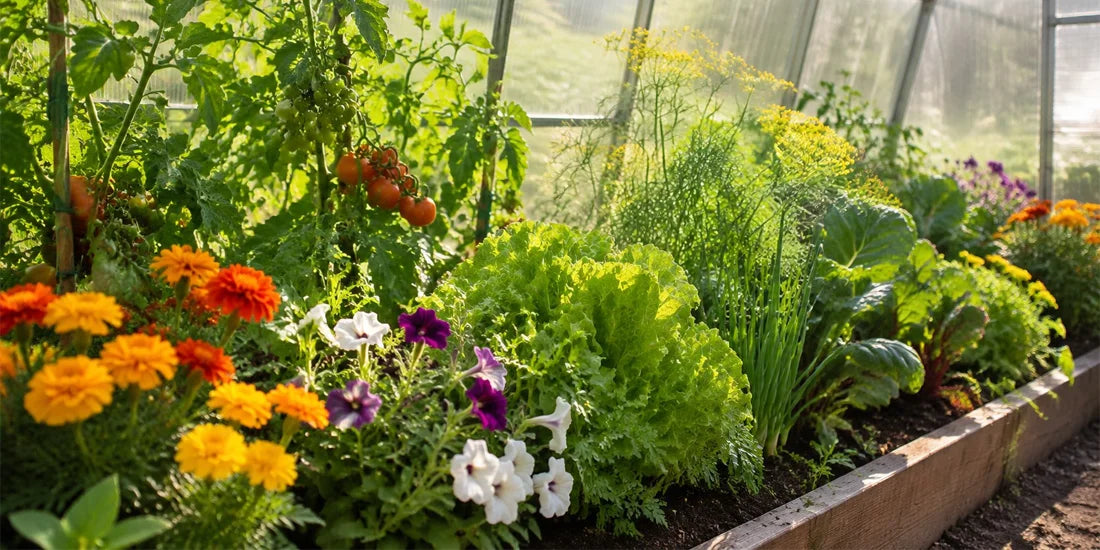 Sunlight streaming through greenhouse panels onto a row of mixed vegetable and flower plants
