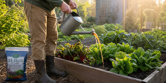 Gardener pouring diluted fish emulsion from a watering can onto raised bed vegetables, synthetic fertilizer granules visible nearby